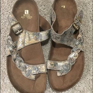 White Mountain multi colored metallic sandals.